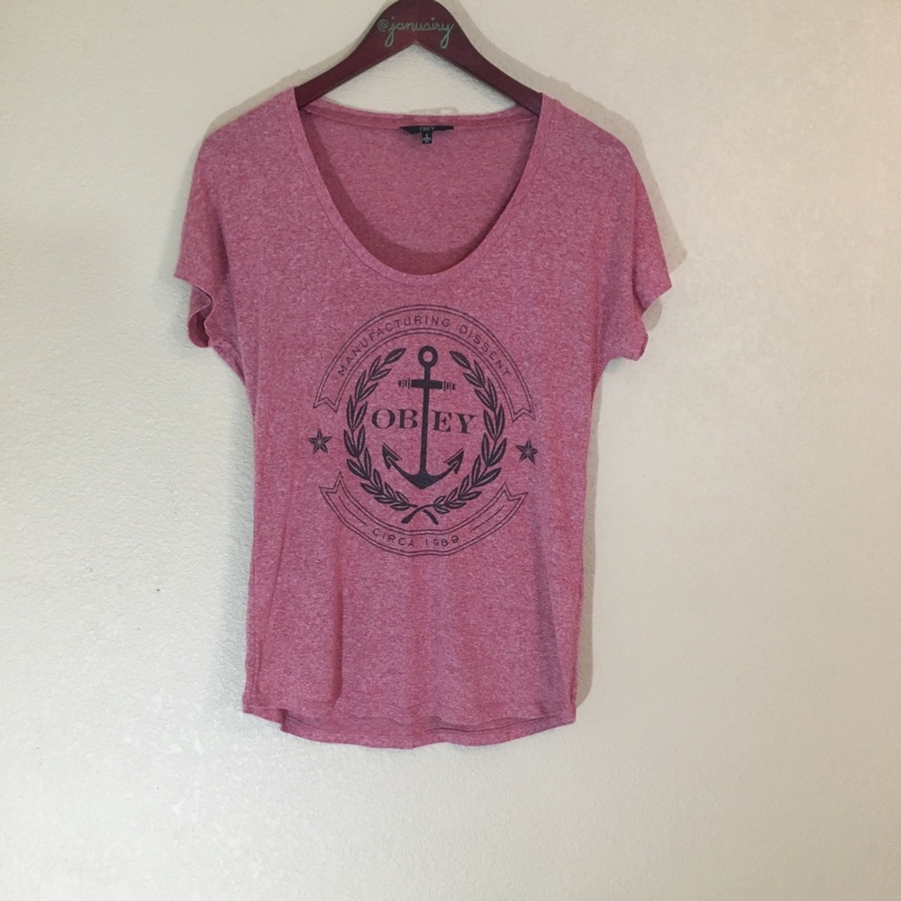 Small red scoop neck obey tee with anchor logo EUC